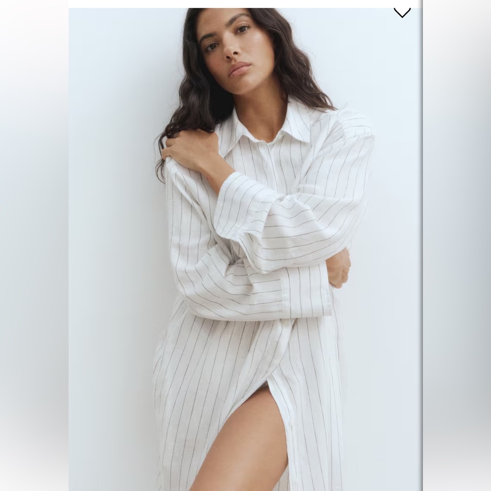 Copy Zara Mango H&M Soft Linen blend Striped Midi Maxi Shirt Dress Bloggers